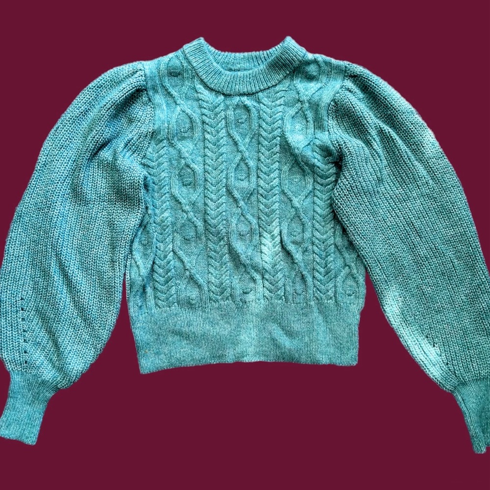 Robin’s Egg Blue Knit Sweater With Puff Sleeves